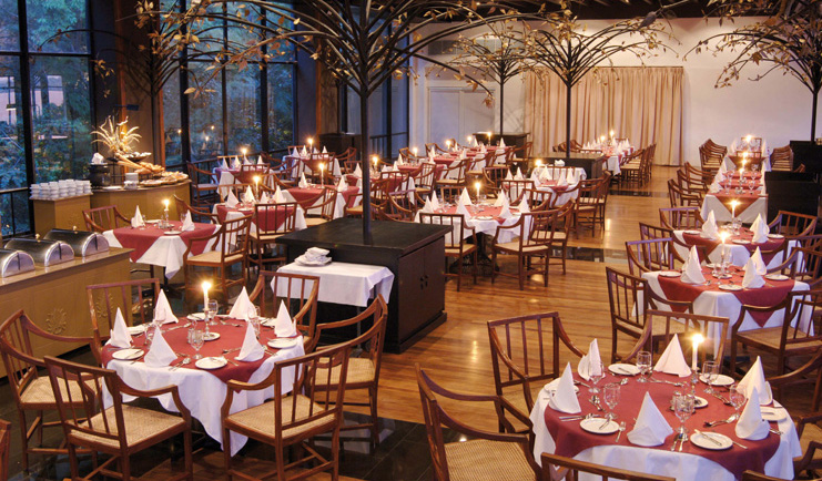 Heritance Kandalama Sri Lanka restaurant indoor dining room large windows ornamental trees