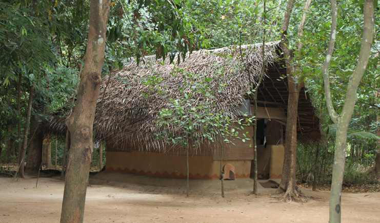 Ulpotha Sri Lanka exterior wooden hut thatched roof trees