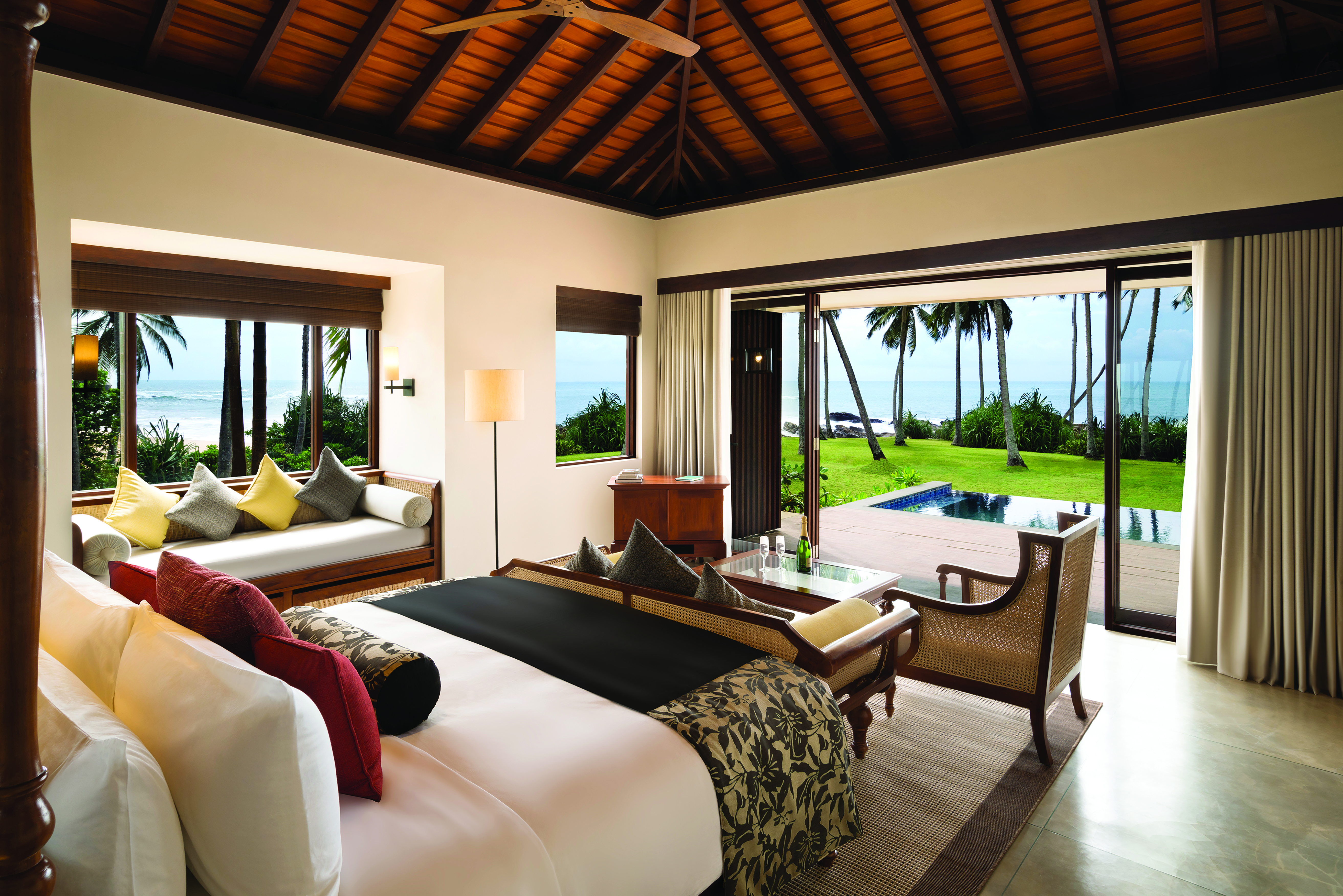 Anantara Peace Haven Tangalle Sri Lanka bedroom bed sofa modern décor private terrace and pool 