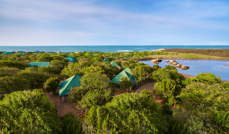 Cinnamon Wild cottages exterior, residences nestled among trees, lake and sea in background
