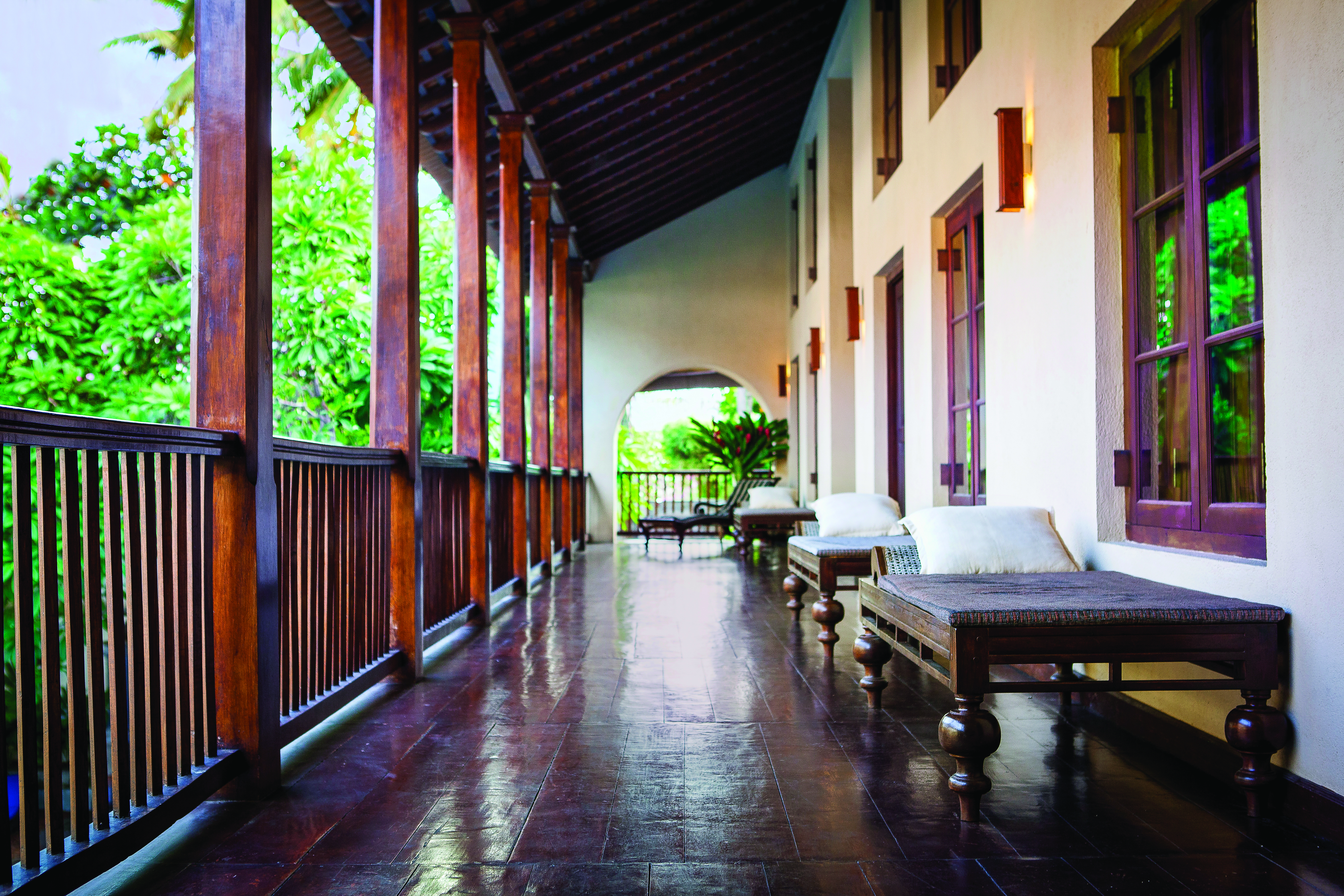 Galle Fort Hotel balcony, daybeds, colonial style architecture