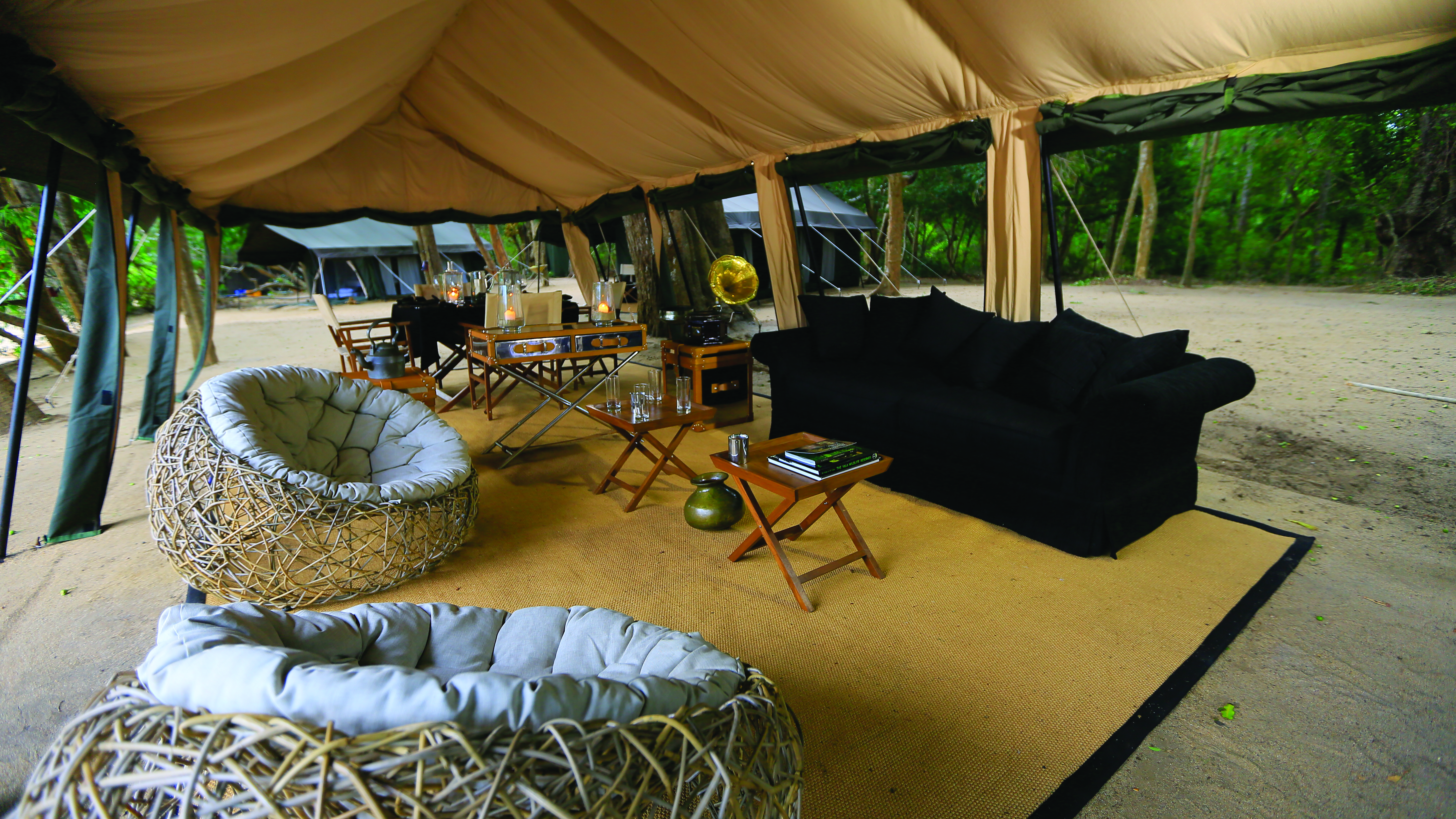 Leopard Trails lounge tent with sofa, bean bag chairs