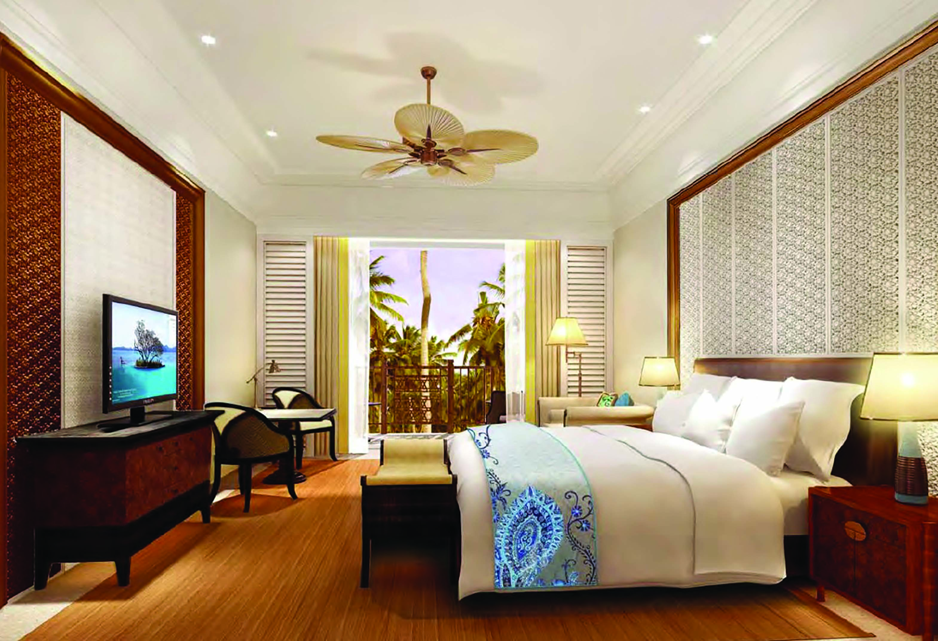 Shangri La Hambantota Sri Lanka guest room bed sofa television bright modern décor