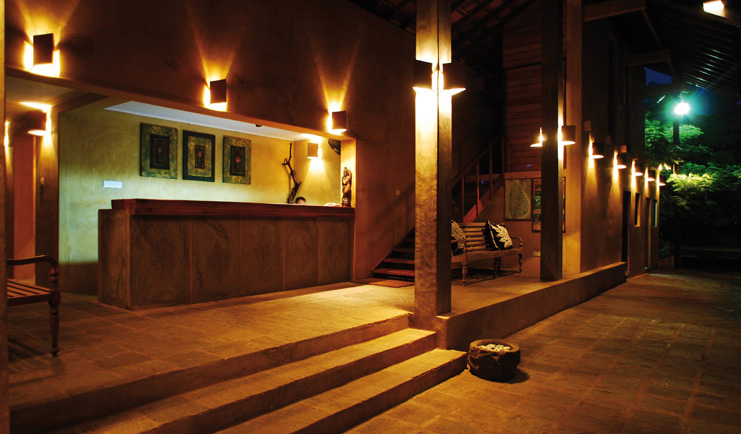 Ayurveda Pavilions Sri Lanka entrance lobby at night 