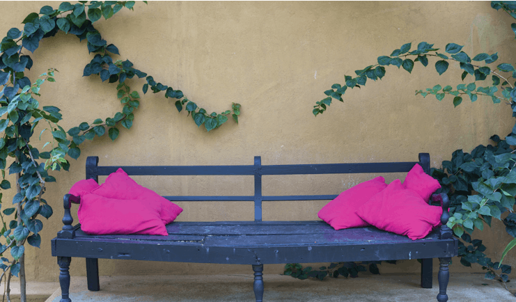 Casa Heliconia Sri Lanka bench outdoor seating area pink cushions green leaves