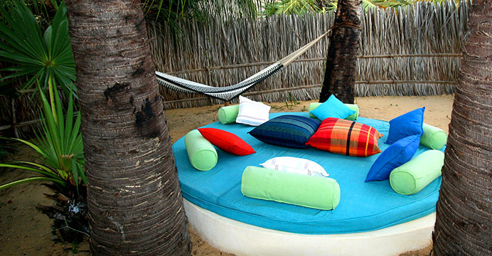 Palagama Beach garden seating, hammock, big round garden bed with pillows and cushions