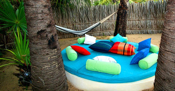 Palagama Beach garden seating, hammock, big round garden bed with pillows and cushions