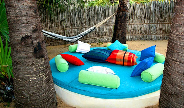 Palagama Beach garden seating, hammock, big round garden bed with pillows and cushions