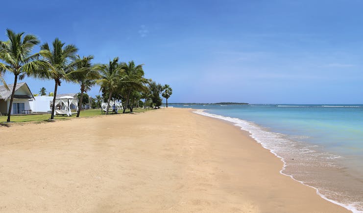 Anilana Pasikuda beach, golden sand, palm trees, turquoise sea water