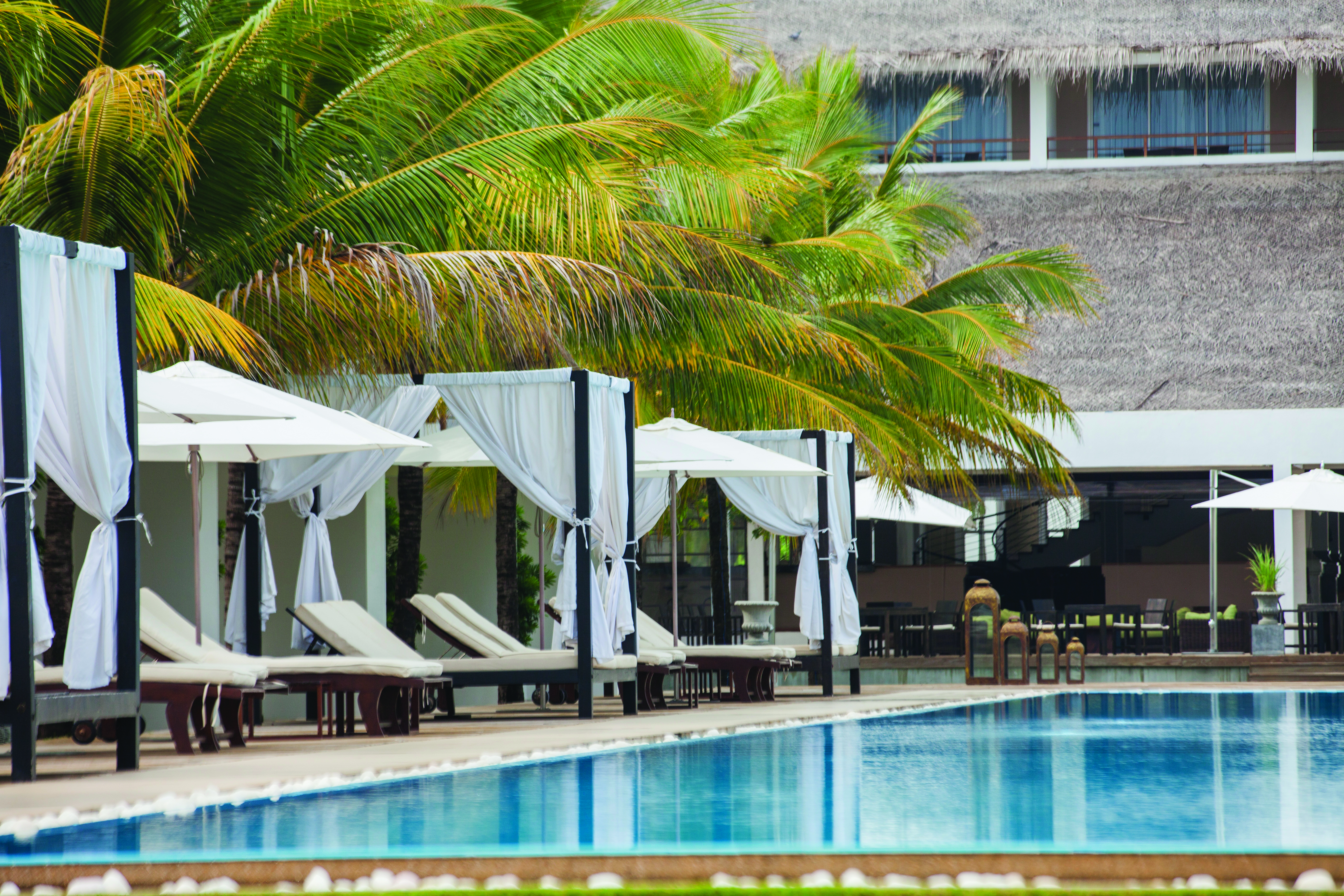 Anilana Pasikuda pool, infinity pool overlooking sea, beach cabanas, palm trees, lawn