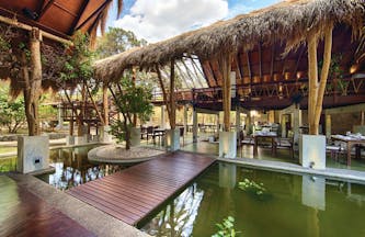 Jungle Beach open air resturant with thatched covering, placed beside pond, tables and chairs