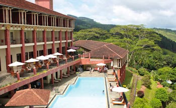 Amaya Hills Sri Lanka hotel pool aerial view of hotel and pool with balconies and loungers