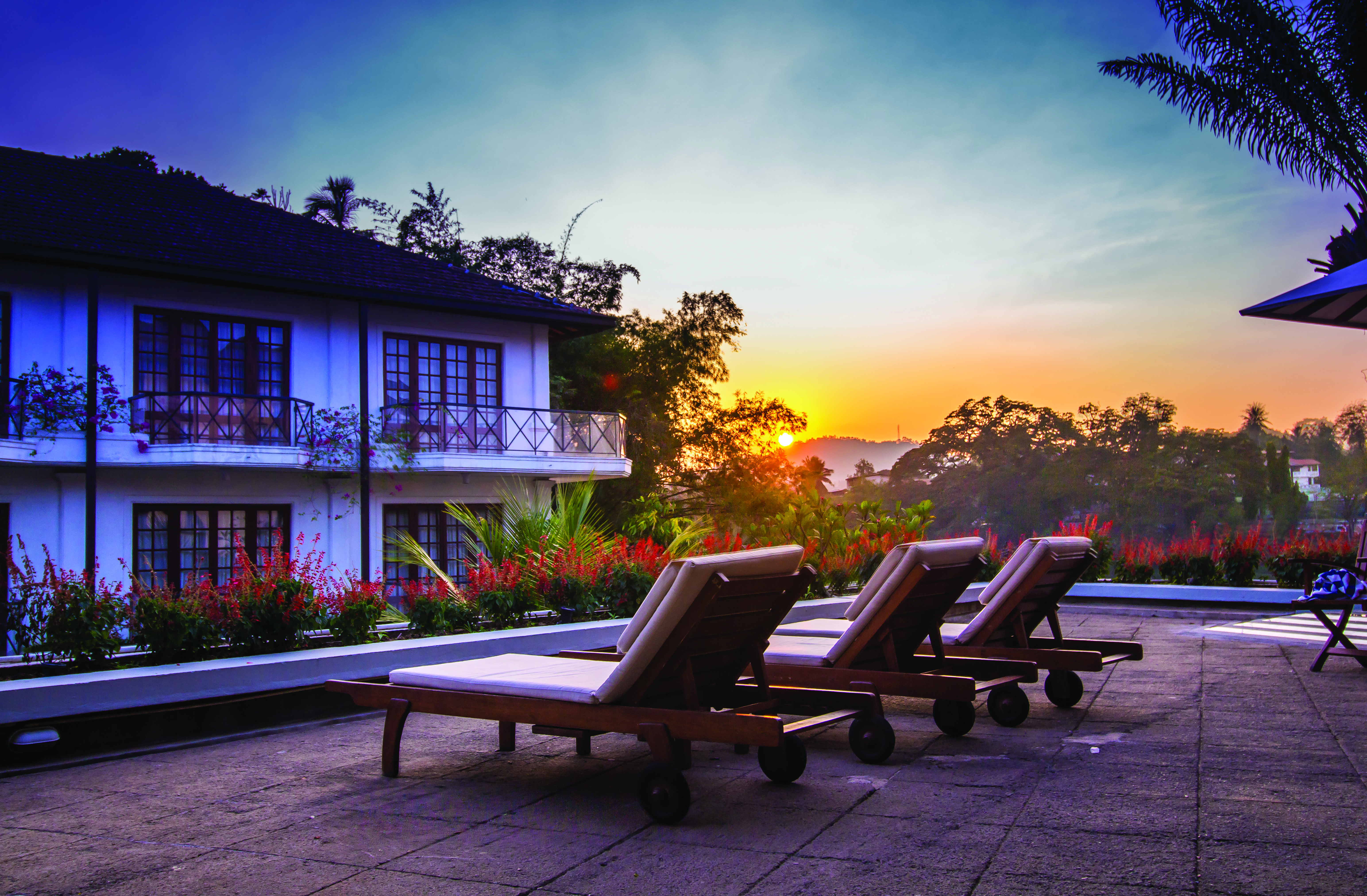 Mahaweli Reach Hotel poolside, sun loungers