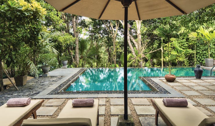 Rosyth Estate House Sri Lanka pool sunbeds umbrellas surrounded by trees