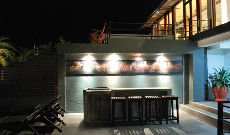 Theva Expressions Sri Lanka outdoor lounge bar stools artwork and wooden lounger