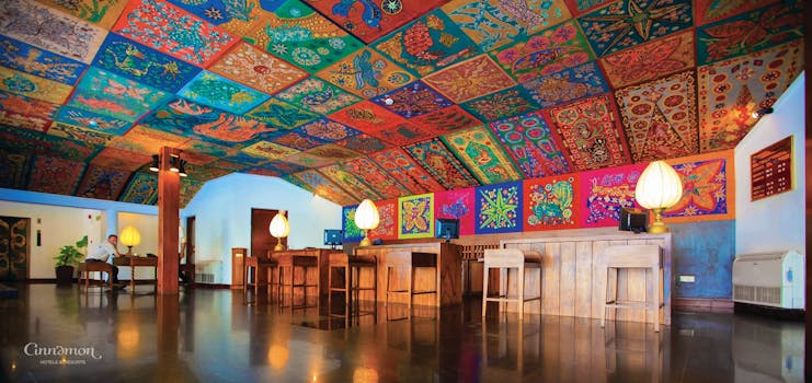 Bentota Beach Sri Lanka lobby reception desks ornate colourful ceiling