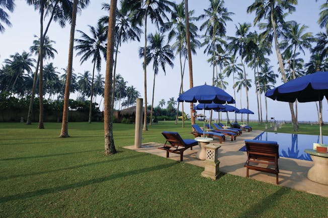 Reef Villa and Spa gardens, lawns, palm trees, swimming pool, loungers, umbrellas