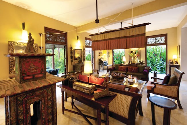 Reef Villa and Spa main house lounge, antiques, elegant grand decor