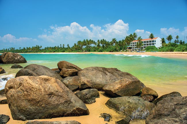 Shinagawa Beach Sri Lanka exterior beach palm trees hotel building in background