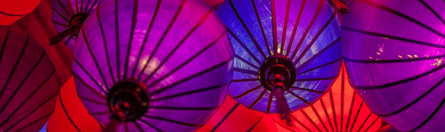 Purple, blue and red paper lanterns in Asia