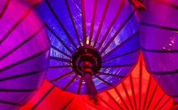 Purple, blue and red paper lanterns in Asia
