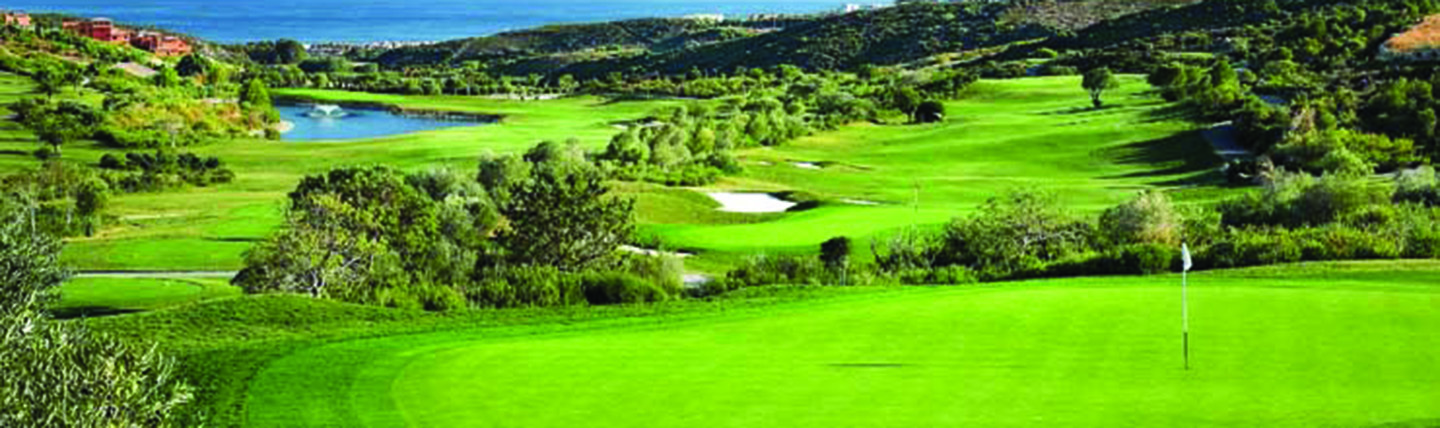 Green undulating golf course with sea in distance